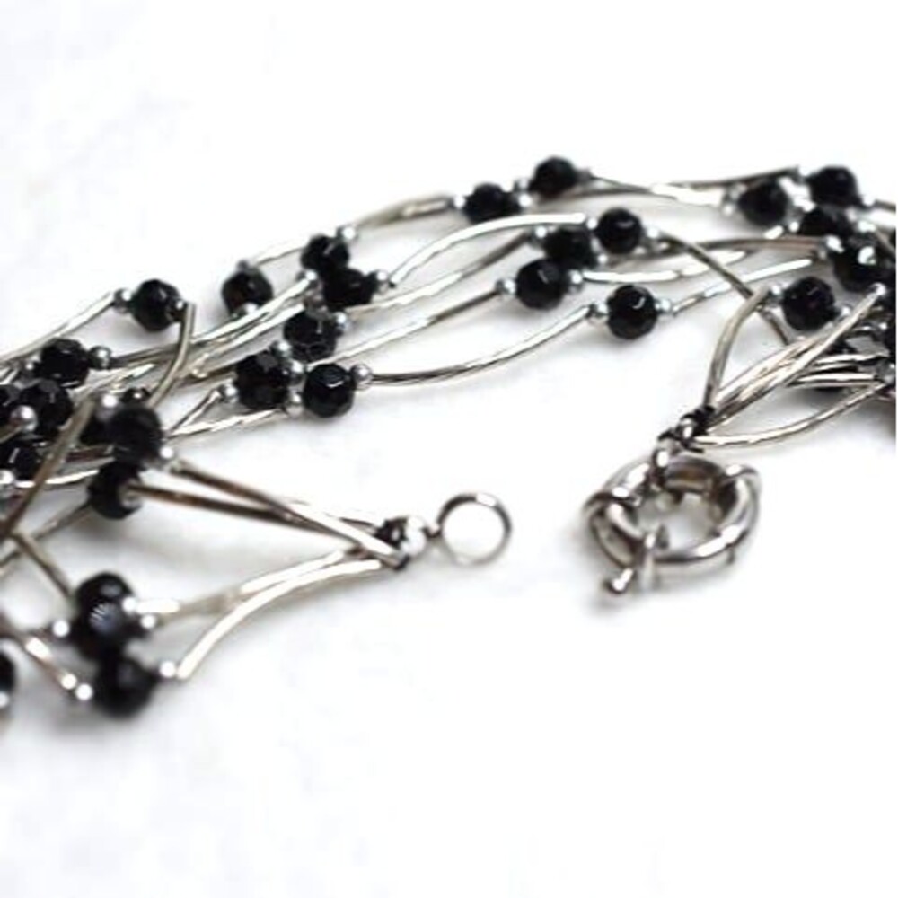 Vtg Captivating Multi Strand Silver Tone Tube Black Faux Pearl Bib 20" Necklace